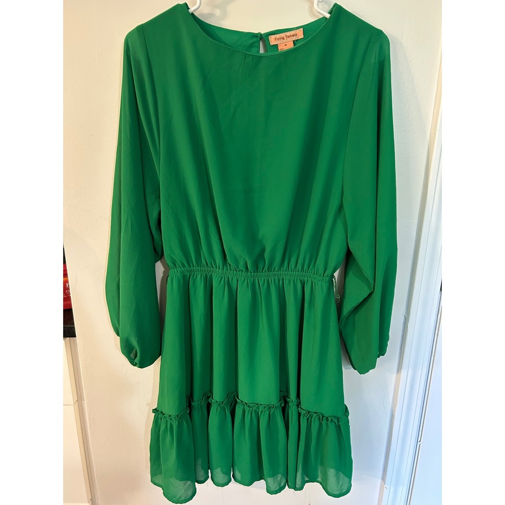 Flying Tomato Green Long‎ Sleeve Ruffle Hem Mini Dress Elastic Waist Womens M